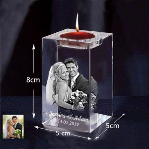 Single Candle 3D Crystal With Dimensions - Jessica & Adam