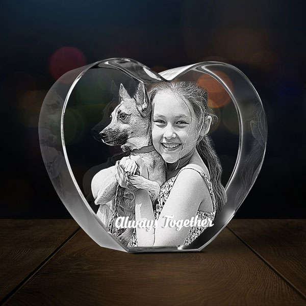 Heart 3D Crystal on Black Base - Dog & Girl - Always Together