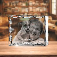 Rectangle Wide Notched 3D Crystal - Lady With Dog - woof woof