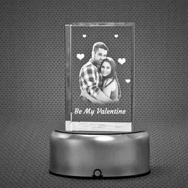 Rectangle Tall 3D Crystal on Silver Rotating Base – Be My Valentine
