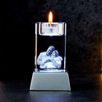 Single Candle 3D Crystal on Silver Square Base - Couple