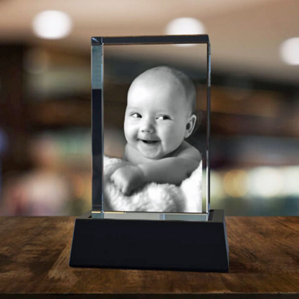 Rectangle Tall 3D Crystal on Black Base - Smiling Baby