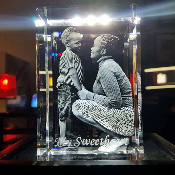 Rectangle Tall 3D Crystal on Black Base - Mom & Son - My Sweetheart