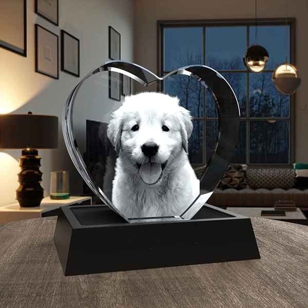 White Dog in 3D Heart Crystal