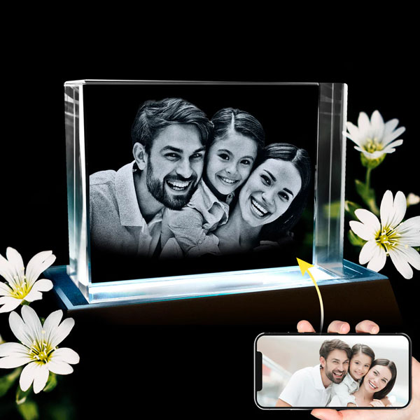 Rectangle Wide 3D Crystal on Lit Black Base - Family of Three
